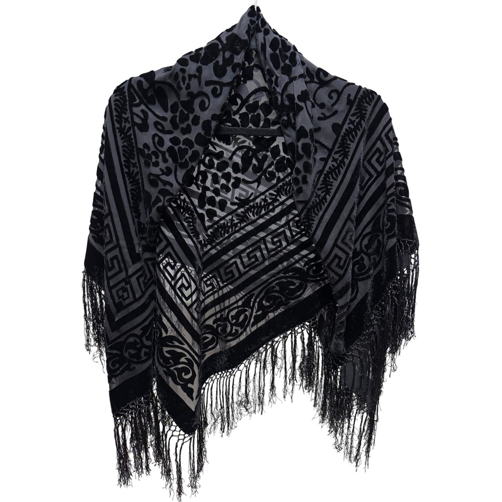 Black Shawl Women One Size Burnout Velvet Greek Key Floral Fringe Wrap Whimsy